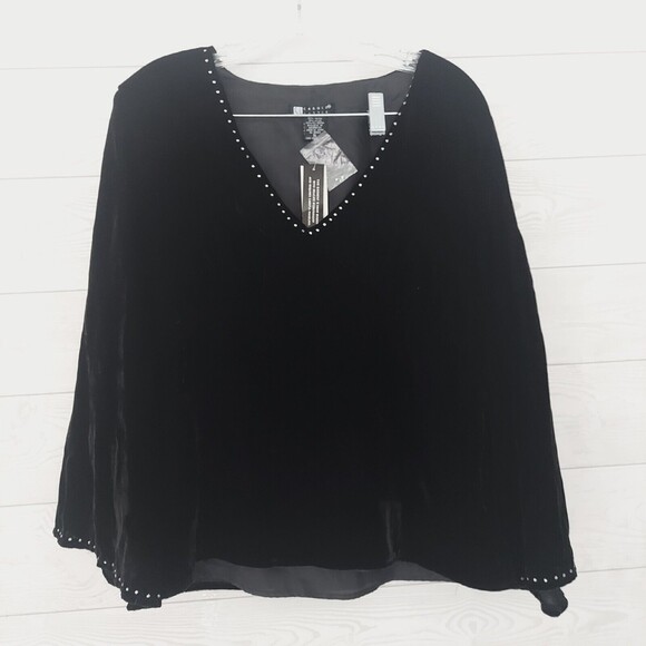 Carole Little Shirt XL Black Velvet Rhinestones Long Sleeve - Defect - Picture 2 of 14